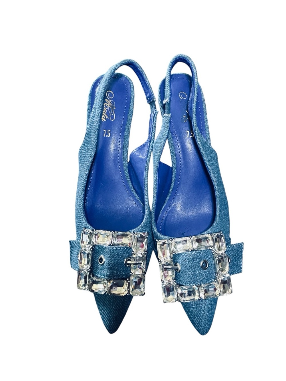 Mata Shoes Blue Pointed Slingback kitten heel with Crystal Buckle size 7 1/2